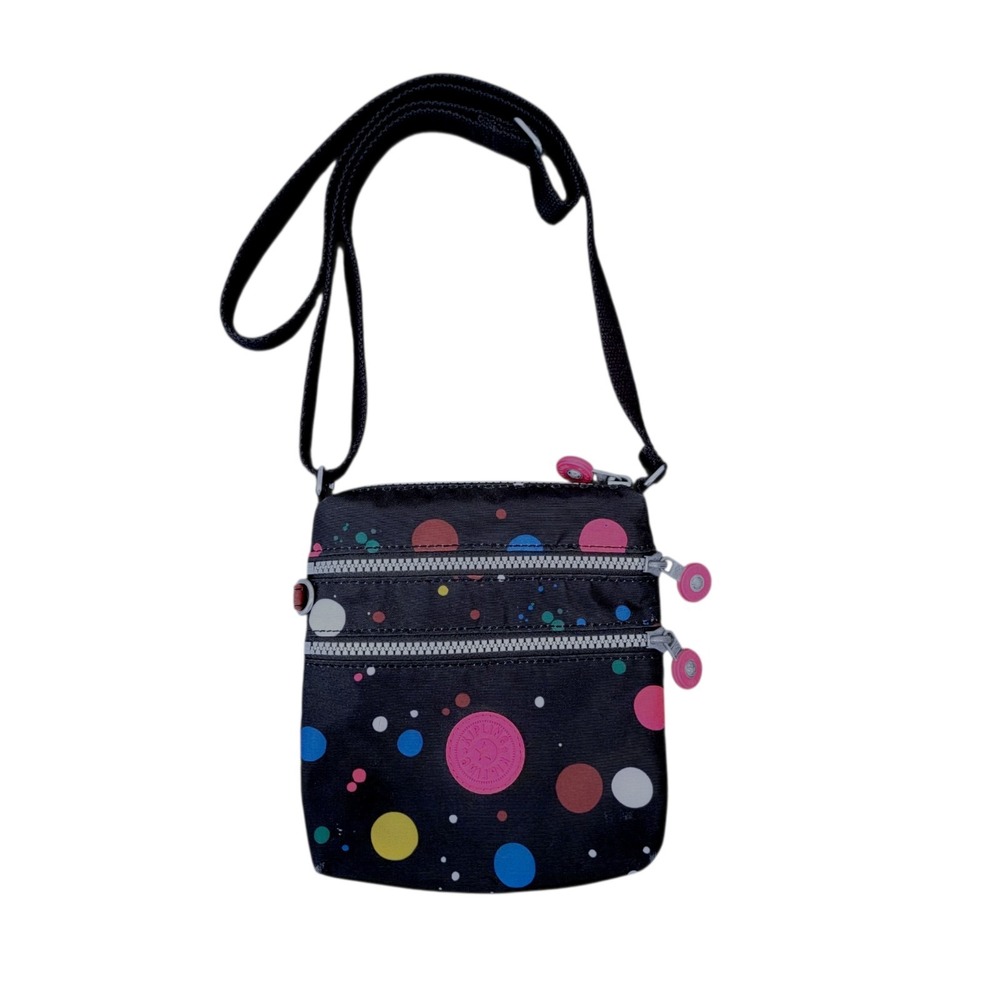 Kipling Alvar Paint Splash Small Crossbody Purse Bag Black Dot Print Nylon Zip
